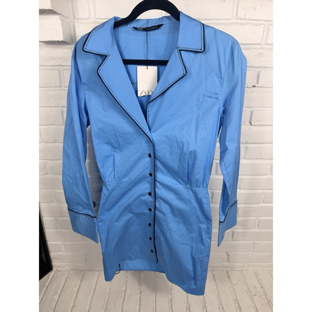 Zara Blue Cotton Shirt Dress Contrast Stitch Button Front Size XS NWT